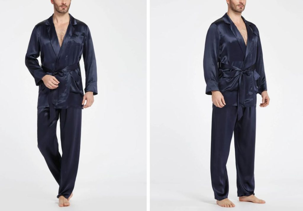 Navy Blue Silk Pajamas for Men with Smoke Jacket and Pants