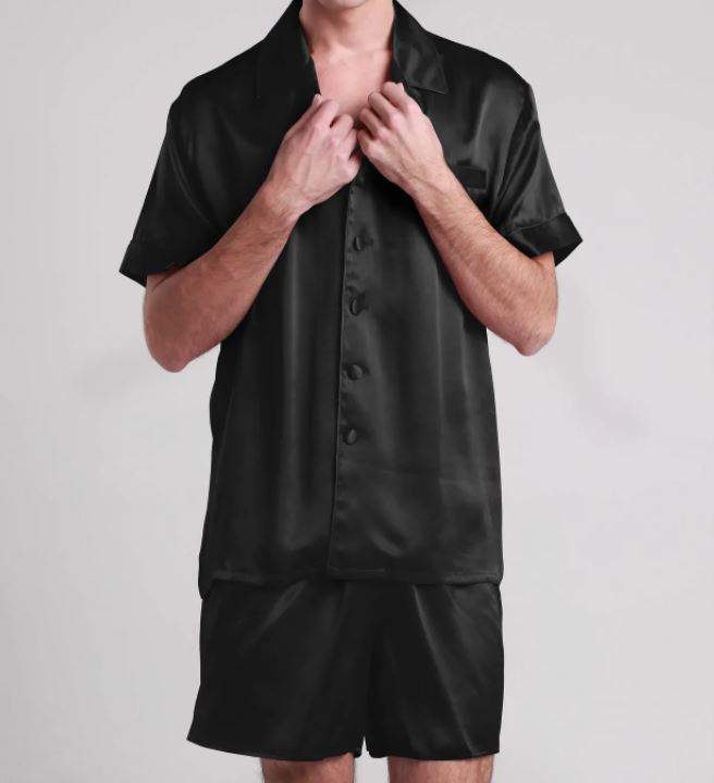 Black Silk Pajamas for Men with Shorts and Shirt