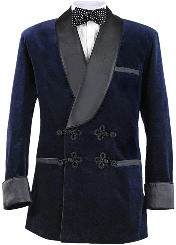 Men's Navy Blue Velvet Smoking Jacket with Polyester Lining