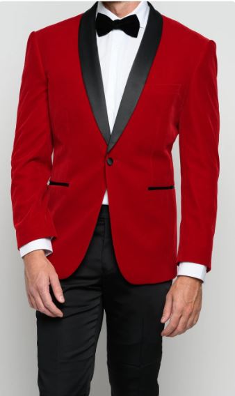 Men's Red Velvet Smoking Jacket with Bowtie and Lapel