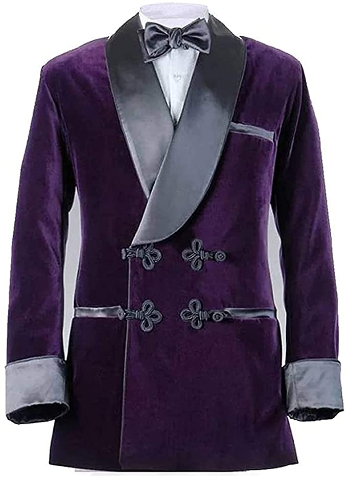 Men's Purple Velvet Smoking Jacket with Satin Lining