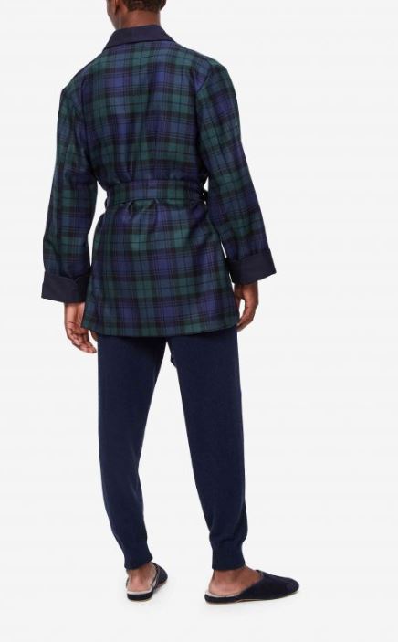 Men's Wool Smoking Jacket in Navy Blue and Green Plaid